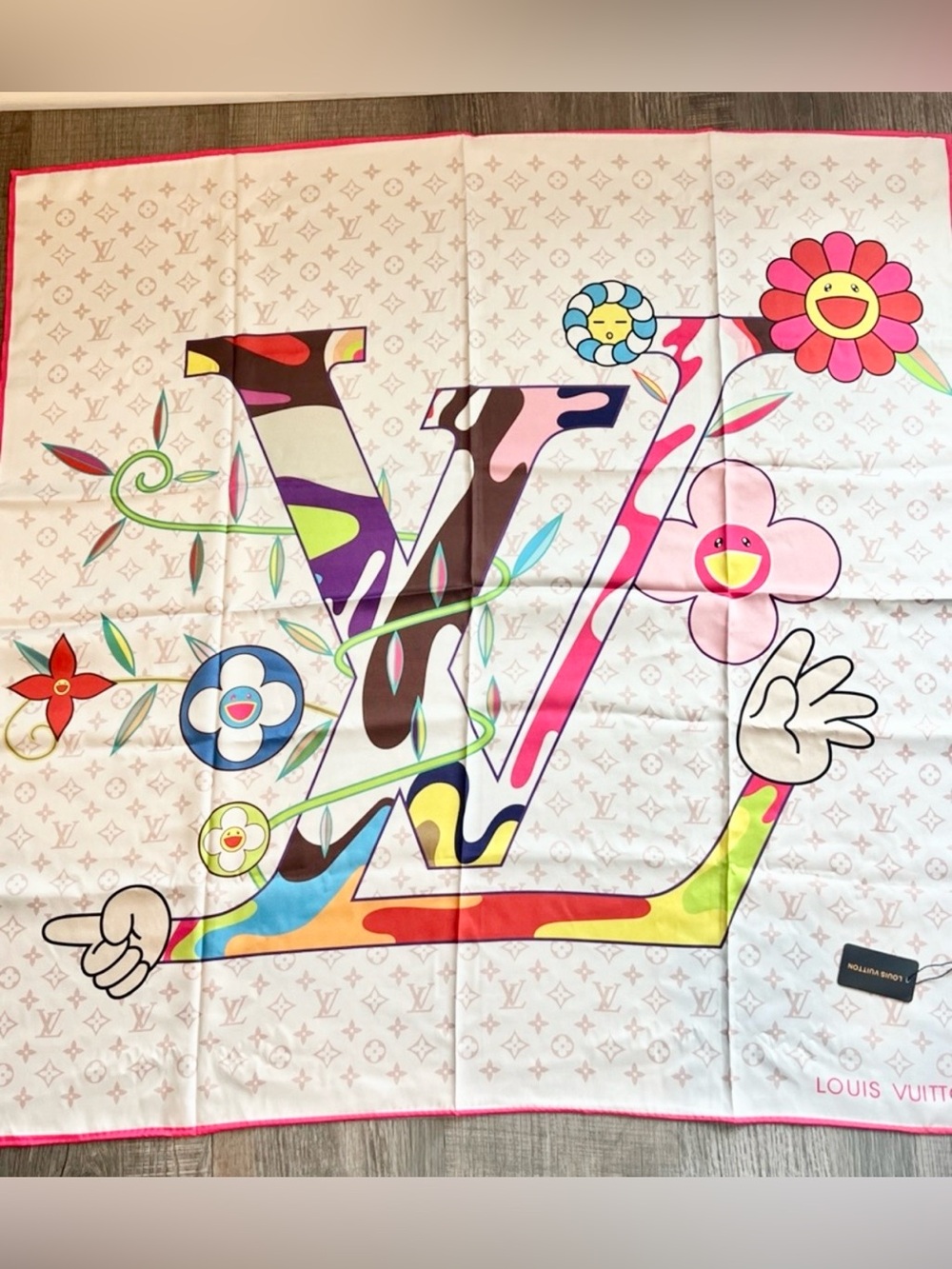 Louis Vuitton Multicolor Floral LV Silk Scarf with Pink Border